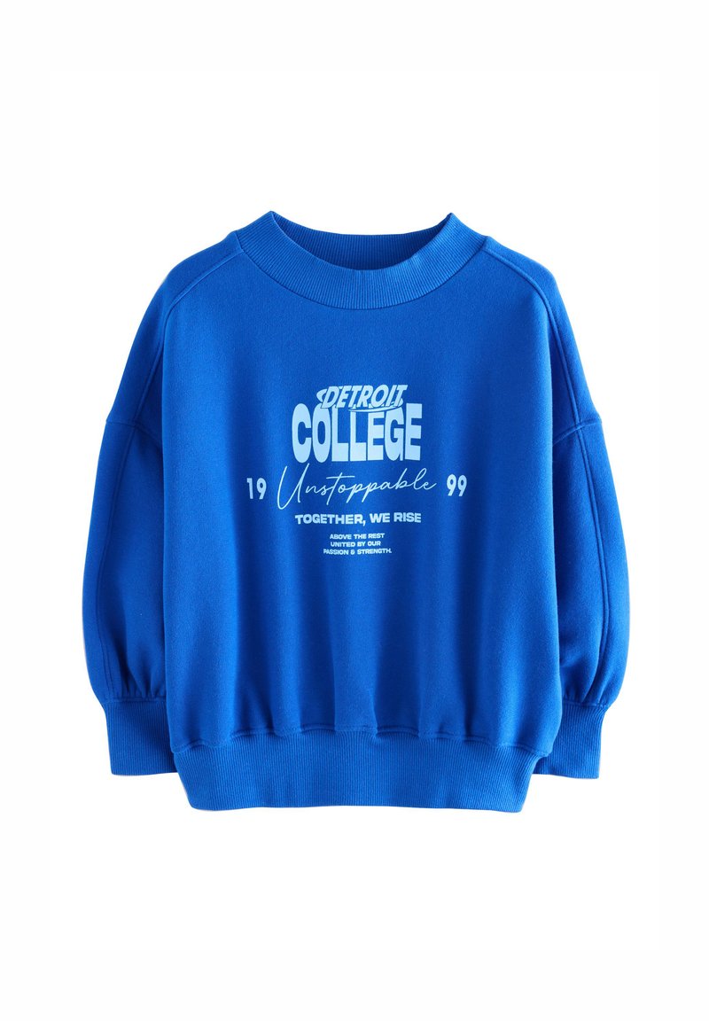 Blå sweatshirt lavet af bomuld, med rund hals, oversized ærmer og hvidt grafisk tekst. Ribstrikkede manchetter og kant.
