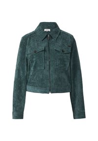 Skórzana kurtka w teksturowanym szmaragdowym korduroju z zamkiem z przodu, dużymi kieszeniami na piersi i zapięciem na guziki, z wyraźnym kołnierzem i mankietami.