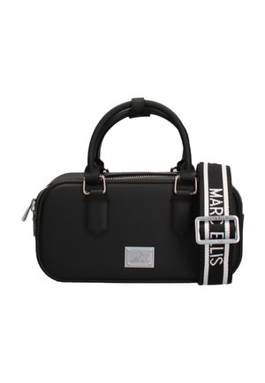 Sac à main rectangulaire noir avec double anses, fermeture éclair argentée, plaque logo en métal, et bandoulière détachable rayée noir et blanc avec texte.