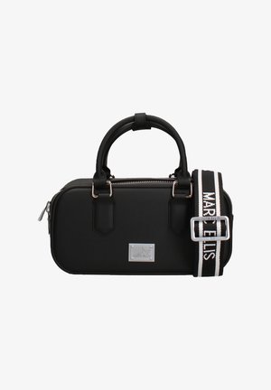 Sac à main rectangulaire noir avec double anses, fermeture éclair argentée, plaque logo en métal, et bandoulière détachable rayée noir et blanc avec texte.