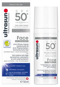 Weißer Tube und Box von Ultrasun SPF 50+ Sonnencreme, mit fettgedrucktem Text, wasserfester Kennzeichnung und mehrsprachigen Anweisungen. 50ml Inhalt.