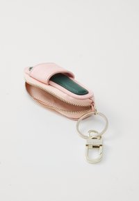 Rosa mini glidelåsveske med grønn innside og nøkkelringfeste. Har en gullglidelås og et teksturert bånd. Kompakt design.
