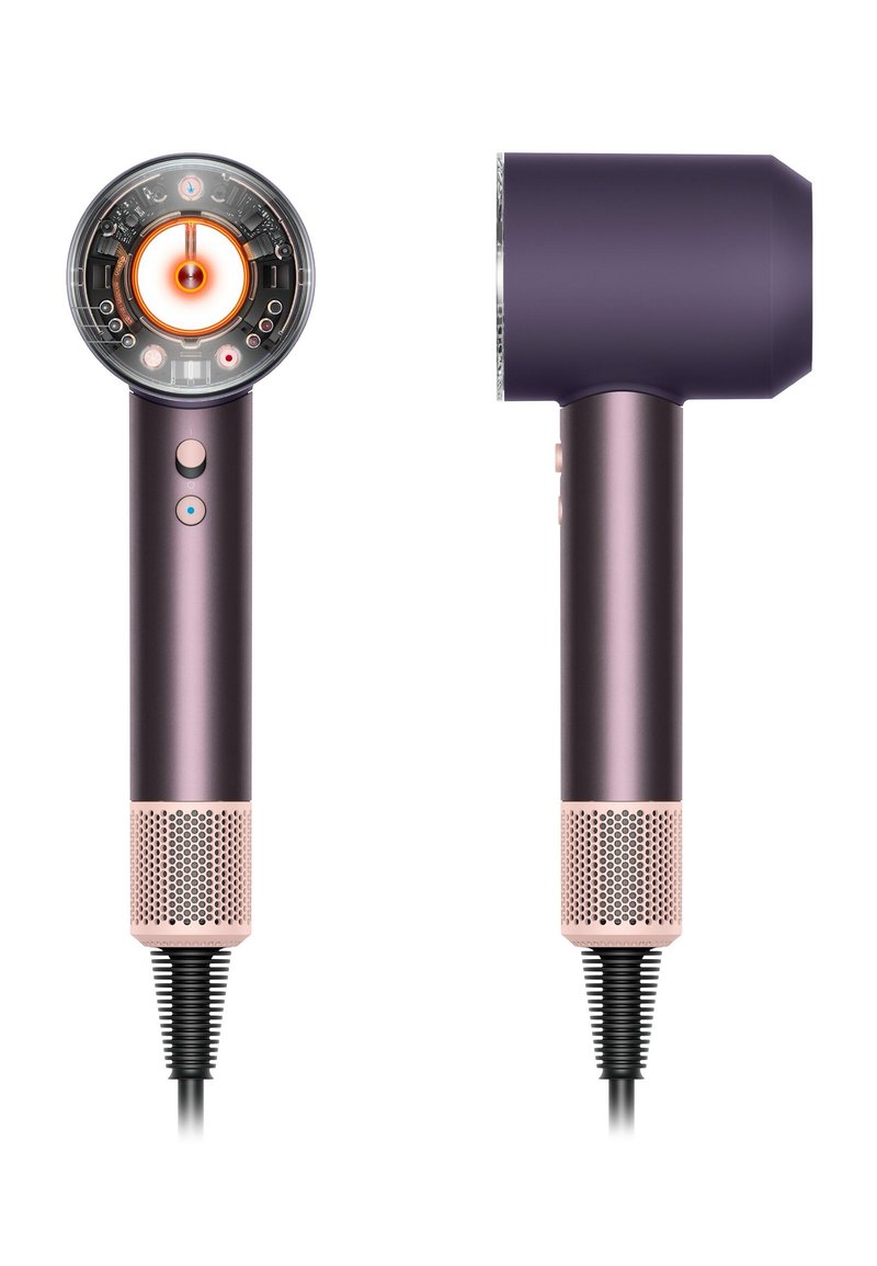Asciugacapelli con un elegante corpo viola e una struttura circolare trasparente. Include pulsanti in colori a contrasto e una base in rete rosa testurizzata.