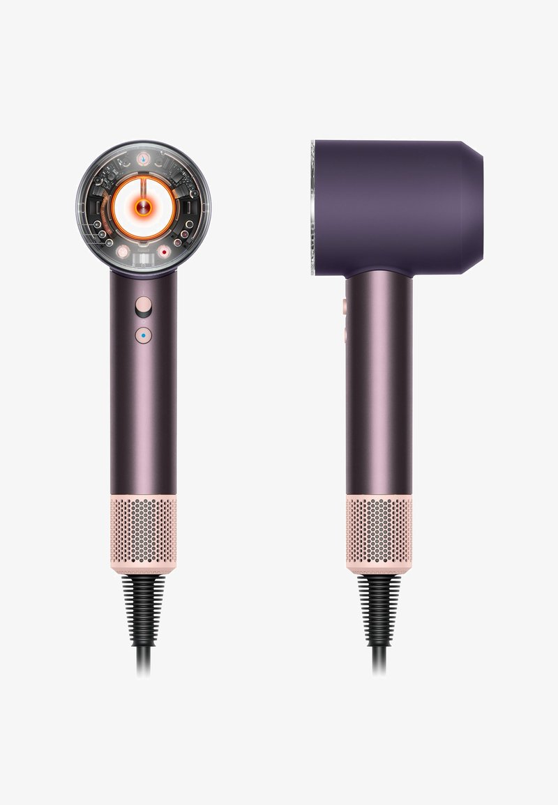 Asciugacapelli con un elegante corpo viola e una struttura circolare trasparente. Include pulsanti in colori a contrasto e una base in rete rosa testurizzata.