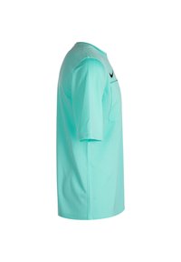 Türkises Kurzarm-T-Shirt mit Rundhalsausschnitt, ausgestattet mit einer Brusttasche und einem schwarzen Nike-Logo auf der oberen Brust. Glatte Stoffoberfläche.