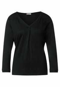 Svart långärmad V-ringad topp gjord av mjukt tyg med plisseringsdetaljer nära axlarna. Slät textur och figurnära design.