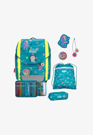 Juego de mochila en teal con acentos amarillos brillantes, patrones florales, incluye un estuche para lápices, bolsa de cordón y accesorios. Cuenta con compartimientos organizados.