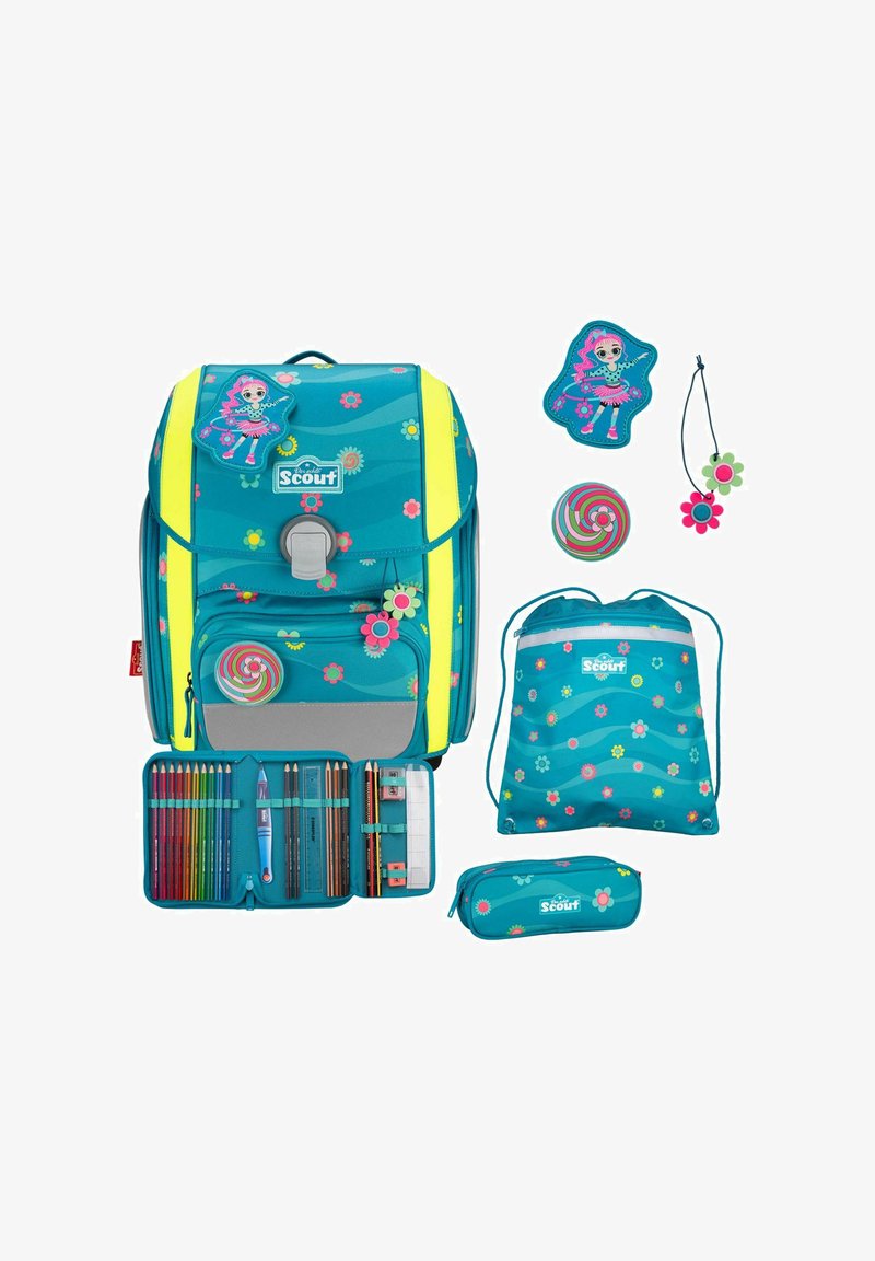 Set di zaini in teal con brillanti accenti gialli, motivi floreali, include un astuccio, una borsa a sacchetto e accessori. Caratterizzato da scomparti organizzati.