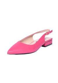 Scarpa slingback in pelle rosa con punta appuntita, lati aperti e tacco basso a blocco. Presenta una cinghia con fibbia per una vestibilità sicura.