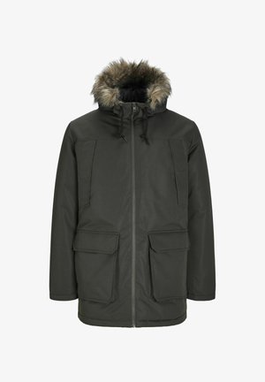 Mørkegrøn parka-jakke med en hætte foret med faux pels, frontlynlås, justerbare snore og to store forlommer. Glat tekstur.