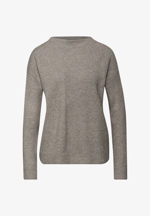 Szary, długi sweter z dzianiny z długim rękawem, z prążkowanymi mankietami, dołem oraz mieszanymi wzorami dzianiny na przodzie i rękawach.