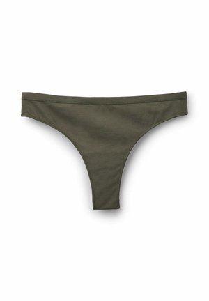 Ropa interior estilo bikini de algodón verde oliva con una cinturilla delgada, extendida sobre un fondo blanco.