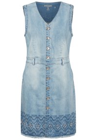 Hihaton vaaleansininen farkkumekko, jossa on napitettava etuosio, V-aukko, vyönlenkit ja tummansininen geometrinen kirjailu helman ympärillä.