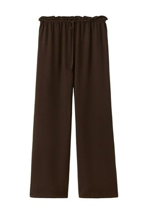 Pantalon marron à coupe ample avec taille élastique et cordon de serrage, fabriqué en tissu doux et léger, adapté pour une tenue décontractée.