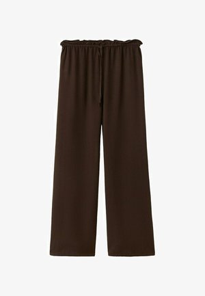 Brązowe spodnie o luźnym kroju z elastycznym pasem i sznurkiem, wykonane z miękkiego, lekkiego materiału, odpowiednie do codziennego noszenia.
