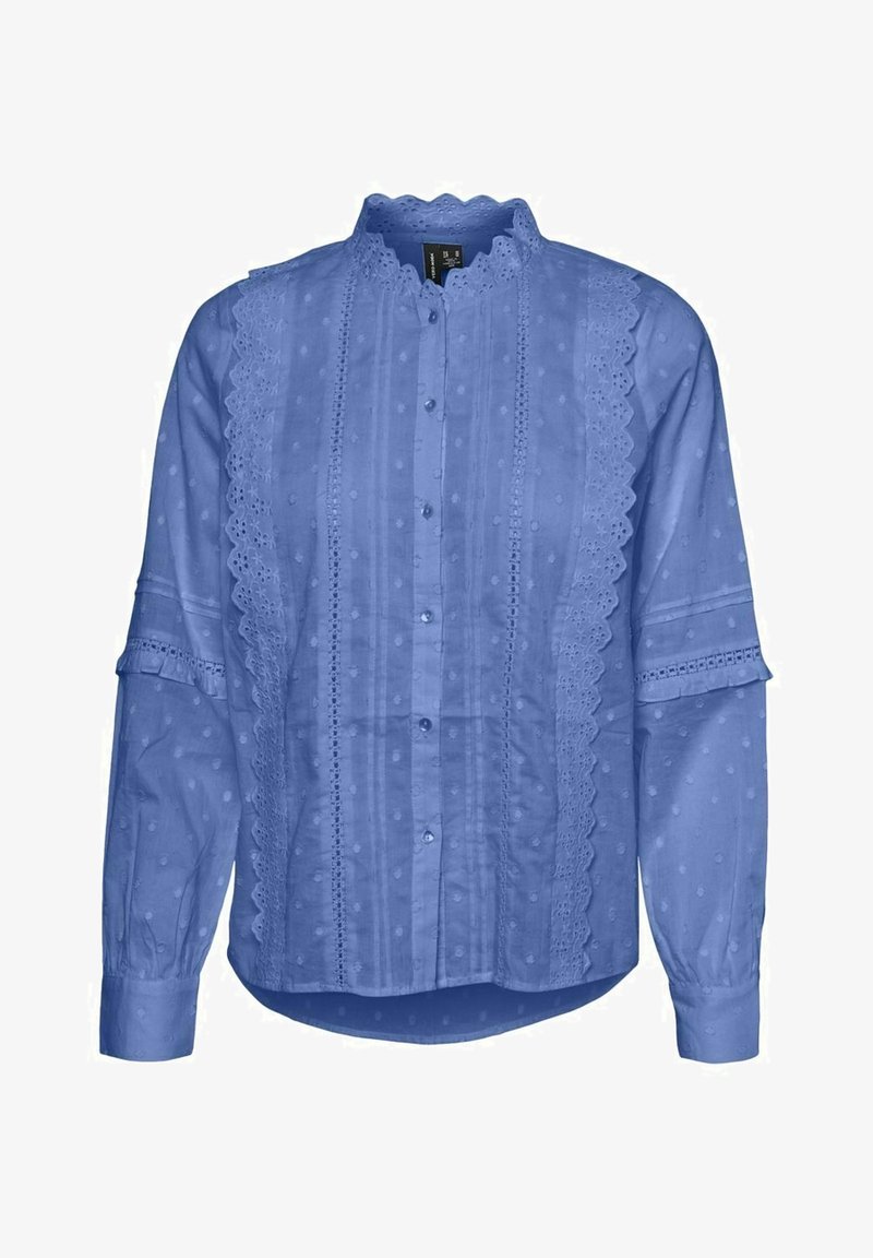 Light blue blouse featuring a high neckline, button closure, dotted pattern, vertical stripes, and lace trim along the front. Long sleeves.