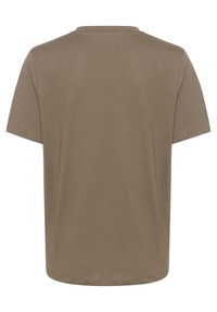 Brun t-shirt med rund hals och korta ärmar. Tillverkad av mjukt tyg, har en slät yta och en enkel, rak skärning. Inga mönster eller detaljer.