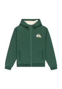 Sudadera verde con cremallera y capucha adjunta, forro de forro polar, dos bolsillos frontales y logo de Quiksilver en blanco y naranja en el pecho.
