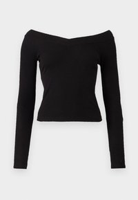 Svart ribbet langermet topp med av-skulderen V-hals og tettsittende design, med en glatt tekstur og minimale sømdetaljer.