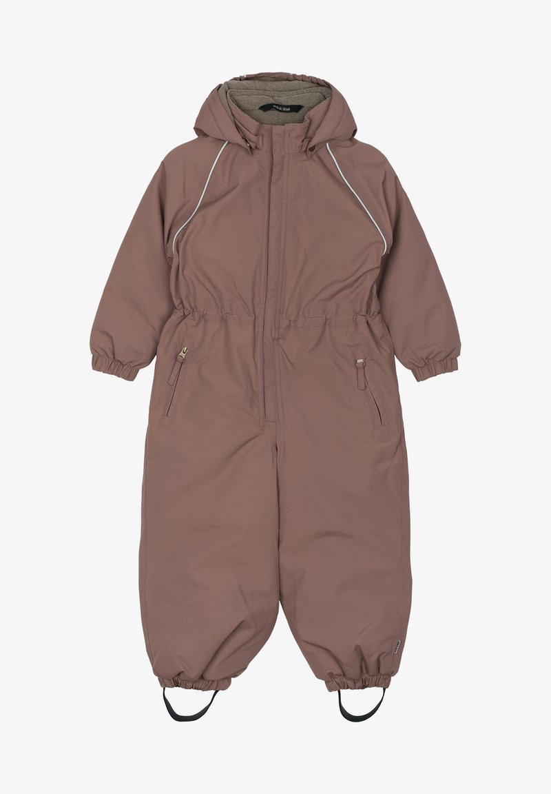 Bruin geïsoleerd sneeuwpak met elastische manchetten, ritszakken en een capuchon. Kenmerkt reflecterende bies langs de voornaad. Verstelbare enkelriemen.