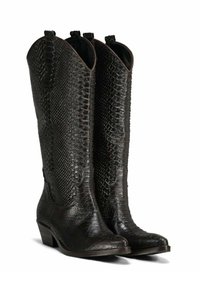 Stivali da cowboy in pelle nera con texture in pelle di serpente, punta appuntita e tacco spesso. Presentano linguette laterali per un facile indossamento.