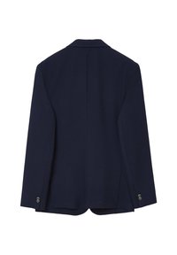 Blazer blu navy con un motivo a trama, polsini a due bottoni e colletto classico. Caratterizzato da una vestibilità su misura e un design con spacco posteriore.