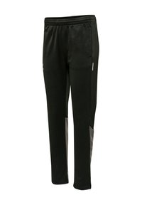 Schwarze Sporthose mit elastischem Bund und grauen Mesh-Einsätzen entlang der inneren Waden, geeignet für Sport oder Freizeit.
