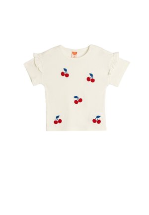 Camiseta de bebé de manga corta en crema con hombros con volantes y cerezas rojas bordadas con tallos azules distribuidas por el frente.