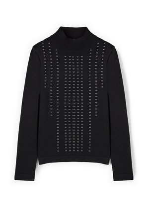 Maglione a collo alto di colore nero, realizzato in un tessuto morbido, con file verticali di borchie argentate sul davanti per un tocco di originalità. Maniche lunghe e polsini a coste.