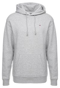 Felpa grigia con cappuccio realizzata in un misto di cotone, dotata di una tasca frontale, polsini a coste e un piccolo logo sul petto.