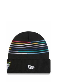 Schwarze Strickmütze mit mehrfarbigen horizontalen Streifen, umgeschlagenem Saum und gesticktem Logo an der Seite. Weiches, strukturiertes Material.