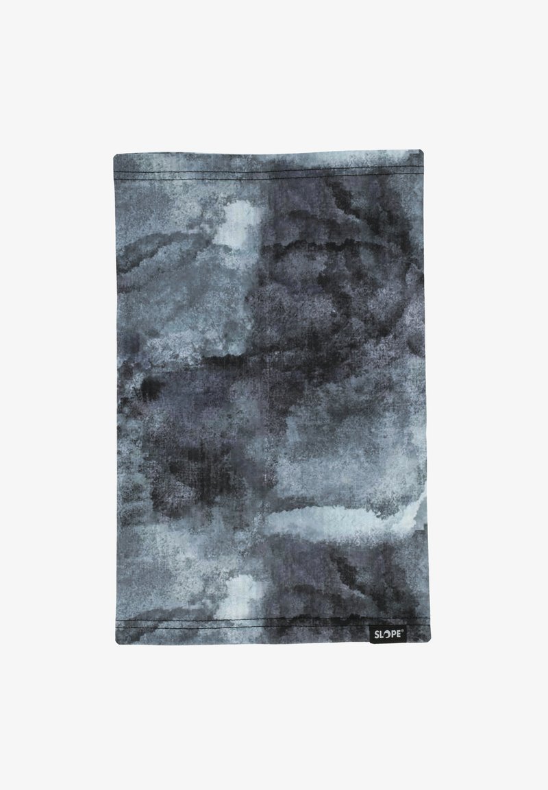 Veelzijdige nekkraag, gemaakt van zachte stof, met een gemengd grijs en blauw aquarelpatroon, met een logo label op de onderste hoek.