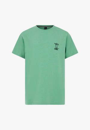 T-shirt in cotone verde con maniche corte, caratterizzata da una piccola grafica nera di una mano e testo nella zona a sinistra del petto.