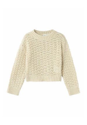 Häkelpullover in cremiger Farbe mit lockerer, cropped Passform. Er verfügt über ein strukturiertes, offenes Gewebemuster sowie gerippte Bündchen und Saum.