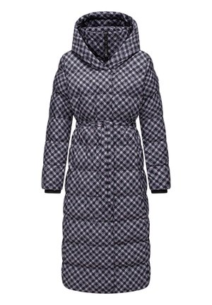 Padded long coat with a large hood, featuring a black and purple geometric pattern, belted waist, and elastic cuffs at the sleeves.