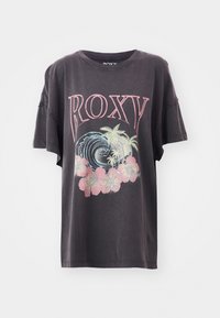 Tmavošedé tričko s krátkym rukávom, na ktorom je farebná grafika s nápisom "ROXY", vlnami, palmami a ružovými kvetmi. Voľný strih s okrúhlym výstrihom.