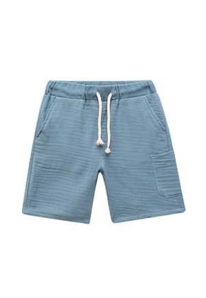 Shorts bleu clair en tissu doux, dotés d'une taille élastique avec cordon de serrage, de deux poches latérales et d'une poche plaquée.