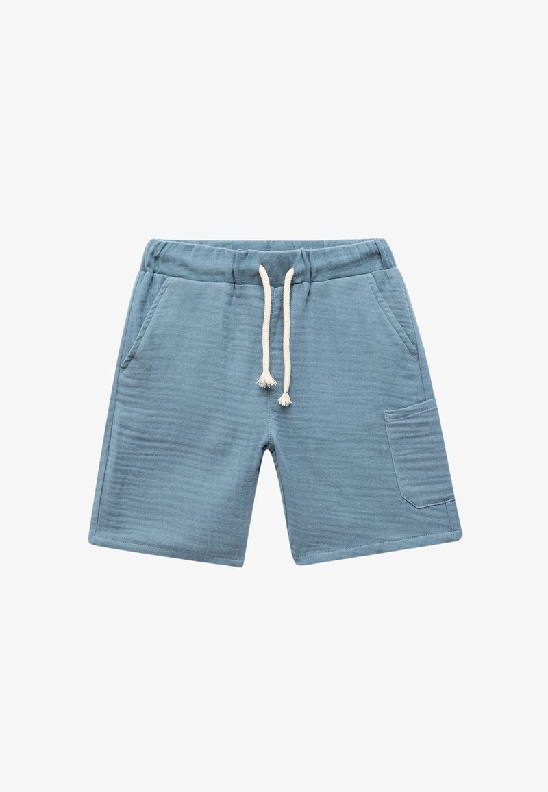 Helles blauen Shorts aus weichem Stoff, mit einem elastischen Bund und einem Kordelzug, zwei seitlichen Taschen und einer einzigen aufgesetzten Tasche.