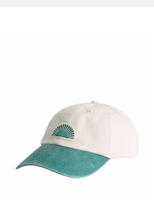 Casquette de baseball blanche avec une visière bleu sarcelle et un motif de soleil bleu sarcelle brodé sur le panneau avant.