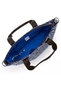 Blue and black leopard print bag with sturdy black straps, zip closure, and a bright blue interior featuring a key clip and pocket.