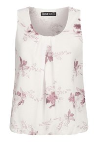 Top sans manches en tissu blanc avec un motif floral rose. Avec un col rond et un détail plissé à l'avant. Texture douce.