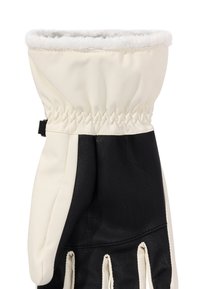 Bílé zimní rukavice s černou texturovanou dlaní, elastickým zápěstím a měkkou bílou fleecovou podšívkou viditelnou na manžetě.