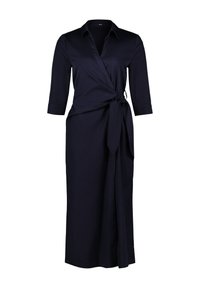 Vestido envolvente en azul marino, confeccionado en tela suave, con cuello tipo solapa, mangas de tres cuartos y cintura atada para un ajuste ajustable.