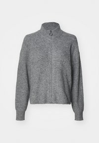 Pull en tricot gris avec un col haut, fermeture éclair intégrale à l'avant, manches longues et une finition texturée. Design simple sans motifs ni embellissements.