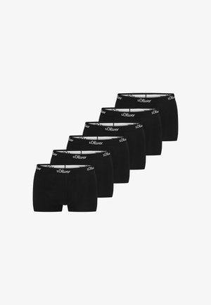 Schwarze Baumwoll-Boxershorts mit elastischem Bund, versehen mit weißem s.Oliver-Logo; sechs Paare nebeneinander angezeigt, einheitliche Form und Design.