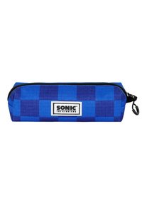 Trousse à crayon en tissu à carreaux bleus avec une fermeture à glissière noire, présentant une forme rectangulaire, un tissu texturé et une étiquette logo avec "SONIC" à l'avant.