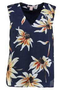 Blusa senza maniche di colore blu navy con scollo a V, caratterizzata da un motivo floreale in crema, giallo e arancione; tessuto leggero con una finitura texturizzata.
