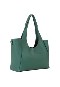 Sac fourre-tout en cuir vert avec une surface texturée, à ouverture sur le dessus et anses longues. Présente un design minimaliste avec un seul détail d'accent.