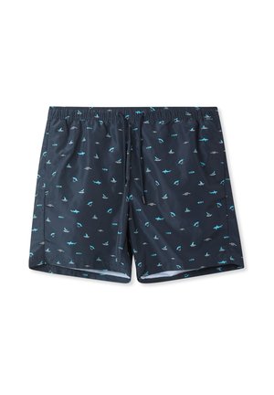 Pantaloni da bagno blu navy con cintura elastica, caratterizzati da un motivo a contrasto di squali azzurri e onde. Realizzati in tessuto leggero.