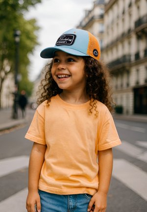Oranges Baumwoll-T-Shirt, hellblaues und oranges Mesh-Cap mit einem schwarzen Patch; steht auf einem Zebrastreifen mit grünen Bäumen im Hintergrund.